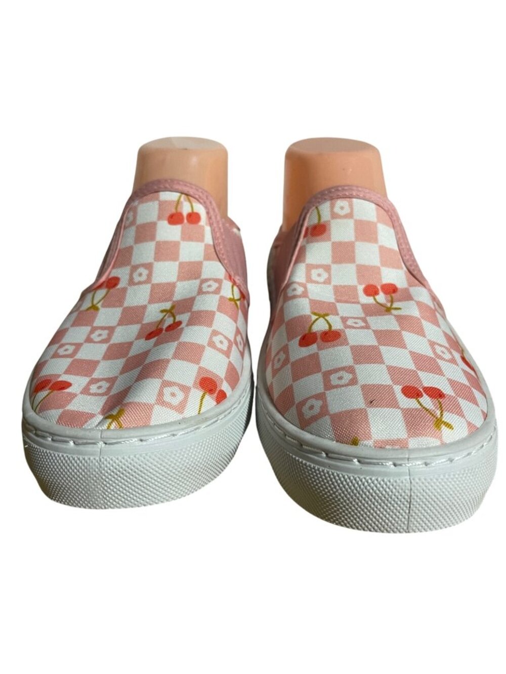 Sole Mates Sneakers Womens Size 7 Pink & White Checkered Cherry Slip-On Shoes